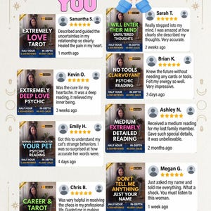 May include: A digital collage featuring the text THANK YOU and eight customer review cards for psychic services. Each card displays a five-star rating, a photo of a woman, service titles like EXTREMELY LOVE TAROT, and written testimonials.