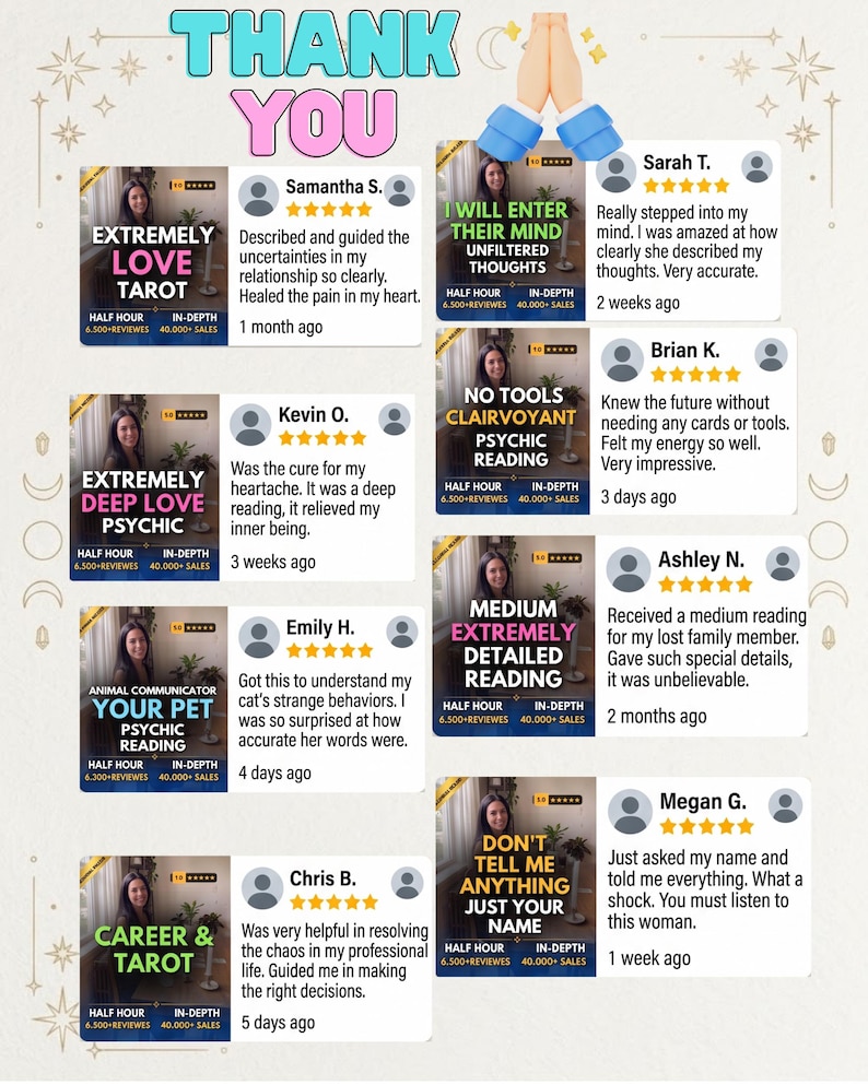 May include: A digital collage featuring the text THANK YOU and eight customer review cards for psychic services. Each card displays a five-star rating, a photo of a woman, service titles like EXTREMELY LOVE TAROT, and written testimonials.