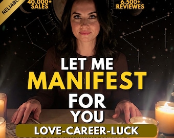 May include: A person sits behind a table with a deck of cards spread out in a fan shape. The text reads LET ME MANIFEST FOR YOU LOVE-CAREER-LUCK. There are lit candles on the table and a dark background with celestial patterns and moon phases.