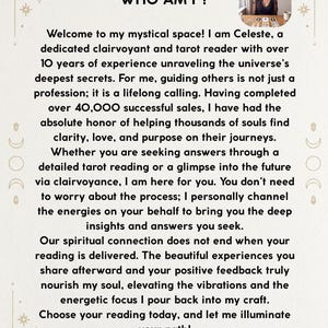 May include: A white informational card with black text titled WHO AM I? featuring a small circular photograph of a person at a table with tarot cards. The border is decorated with gold celestial icons including moons and stars on a cream background.