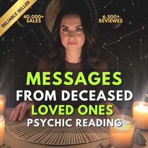 May include: A person sits behind a table with a fan of tarot cards and lit candles. Text on the image reads: RELIABLE SELLER, 40.000+ SALES, 6.500+ REVIEWS, MESSAGES FROM DECEASED LOVED ONES, PSYCHIC READING. The background features a dark celestial design.