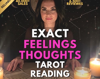 May include: A tarot reading service featuring a person behind a table with a fanned deck of cards and lit candles. Text overlays include RELIABLE SELLER, 40.000+ SALES, 6.500+ REVIEWS, and the words EXACT FEELINGS THOUGHTS TAROT READING in bold text.