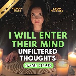 May include: A person behind a fan of tarot cards with candles on both sides. Text reads: I WILL ENTER THEIR MIND UNFILTERED THOUGHTS SAME HOUR. Top corners feature banners stating RELIABLE SELLER, 40.000+ SALES, and 6.500+ REWIEWES.
