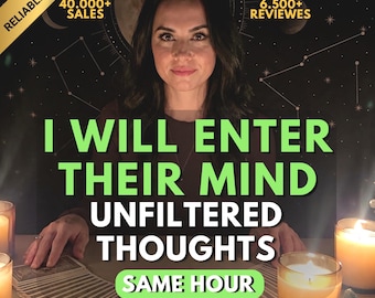 May include: A person behind a fan of tarot cards with candles on both sides. Text reads: I WILL ENTER THEIR MIND UNFILTERED THOUGHTS SAME HOUR. Top corners feature banners stating RELIABLE SELLER, 40,000+ SALES, and 6,500+ REWIEWES.