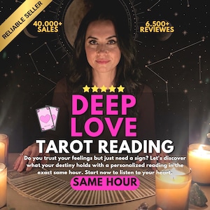 Peut inclure: Une publicité pour un service de lecture de tarot montrant une personne derrière un éventail de cartes de tarot, deux bougies allumées et le texte : DEEP LOVE TAROT READING, Do you trust your feelings but just need a sign? Let's discover what your destiny holds with a personalized reading in the exact same hour. Start now to listen to your heart. SAME HOUR.