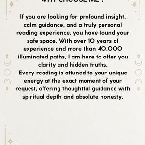 May include: A white informational card with gold celestial icons including stars and moon phases in the corners. The text reads: WHY CHOOSE ME? If you are looking for profound insight, calm guidance, and a truly personal reading experience.