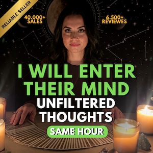 May include: A dark-haired individual sits behind a table with a spread of tarot cards and lit candles. Text overlays read: RELIABLE SELLER, 40.000+ SALES, 6.500+ REVIEWS, I WILL ENTER THEIR MIND UNFILTERED THOUGHTS, and SAME HOUR in green and white.