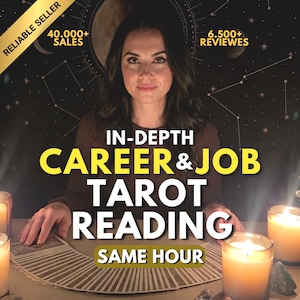 May include: A person behind a fan of tarot cards with text reading IN-DEPTH CAREER & JOB TAROT READING SAME HOUR, 40,000+ SALES, 6,500+ REVIEWS, and RELIABLE SELLER. Three lit candles are positioned in the foreground against a dark celestial background.