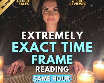 May include: A person with dark hair sits behind a table with a fanned-out deck of tarot cards and lit candles. Text overlays read: RELIABLE SELLER, 40.000+ SALES, 6.500+ REVIEWS, EXTREMELY EXACT TIME FRAME READING, and SAME HOUR in bold lettering.