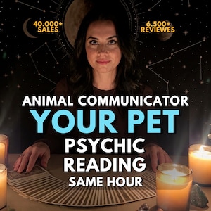 May include: A person sits behind a table with a fan of tarot cards and lit candles. Text reads: ANIMAL COMMUNICATOR YOUR PET PSYCHIC READING SAME HOUR, 40,000+ SALES, and 6,500+ REVIEWS. The background is dark with celestial patterns and moon phases.