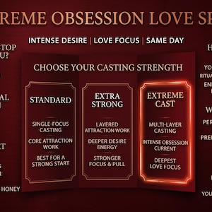 Puede incluir: Un gr&aacute;fico granate con el texto "EXTREME OBSESSION LOVE SPELL". Detalla las fortalezas de lanzamiento: Est&aacute;ndar, Extra Fuerte y Lanzamiento Extremo. La imagen enumera los materiales utilizados y se centra en el amor y el deseo.