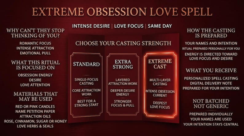 Puede incluir: Un gr&aacute;fico granate con el texto "EXTREME OBSESSION LOVE SPELL". Detalla las fortalezas de lanzamiento: Est&aacute;ndar, Extra Fuerte y Lanzamiento Extremo. La imagen enumera los materiales utilizados y se centra en el amor y el deseo.