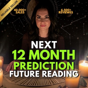 May include: A person with dark hair sits behind a fan of tarot cards. Text reads: RELIABLE SELLER, 40.000+ SALES, 6.500+ REVIEWS, NEXT 12 MONTH PREDICTION FUTURE READING. Two lit candles and crystals are visible on the table in a dark setting.