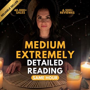May include: A person with dark hair sits behind a table with a fan of tarot cards and lit candles. Text reads: RELIABLE SELLER, 40.000+ SALES, 6.500+ REVIEWS, MEDIUM EXTREMELY DETAILED READING, SAME HOUR. The background features a dark celestial design.