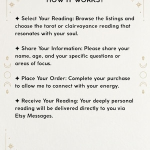 May include: An informational graphic with the heading HOW IT WORKS? followed by four steps: Select Your Reading, Share Your Information, Place Your Order, and Receive Your Reading. The text is black on a light background with celestial line art icons.