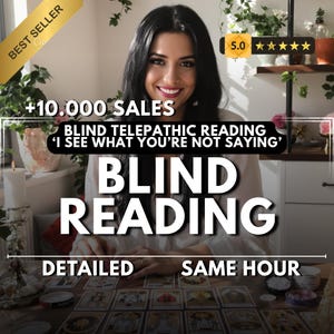 Könnte beinhalten: Werbung für eine Hellseher-Lesung. Das Bild zeigt eine lächelnde Frau mit dem Text "Blind Reading", "Detailed" und "Same Hour". Es gibt ein "Best Seller"-Banner und eine 5-Sterne-Bewertung. Der Text enthält auch "+10.000 SALES".