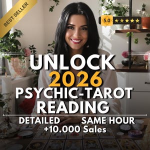Puede incluir: Una mujer sonríe frente a una mesa con cartas del tarot. La imagen tiene texto que dice "UNLOCK 2026 PSYCHIC-TAROT READING" con las palabras "DETAILED" y "SAME HOUR" debajo. Una pancarta dorada dice "BEST SELLER".