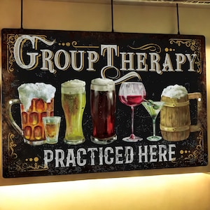 Vintage Metal Tin Sign – &quot;Group Therapy&quot; Funny Bar Decor – 12x8” Wall Art for Man Cave, Pub, or Home Bar – Retro Drink-Themed Sign