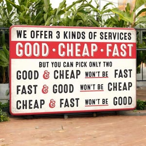 Funny &#39;Good Fast Cheap&#39; Retro Metal Tin Sign: Office Garage Decor