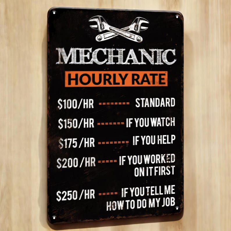 Vintage Mechanic Hourly Rate Tin Sign, Retro Metal Wall Decor for ...