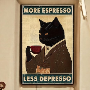More Espresso Less Depresso Tin Sign, 8x12 Vintage Metal Wall Decor for Cafe, Bar, Kitchen, Home, Garage, Restaurant