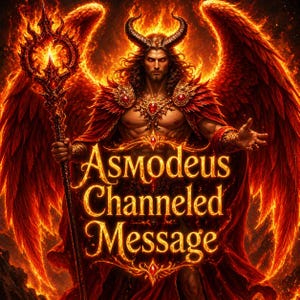 Può includere: Opera d'arte digitale raffigurante una figura cornuta con ali e un bastone, ambientata su uno sfondo di fiamme. Il testo "Asmodeus Channeled Message" è scritto in uno stile infuocato, suggerendo un tema spirituale o occulto.