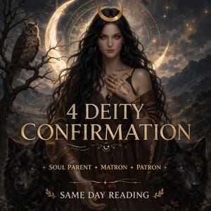 Op de afbeelding: Digitale kunst met een vrouw met lang zwart haar, een halve maan kroon en een bruine jurk. De tekst luidt "4 DEITY CONFIRMATION" met extra tekst eronder. Twee zwarte wolven en een uil zijn ook aanwezig.