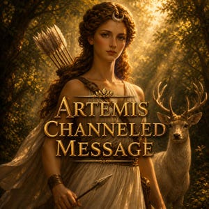 Op de afbeelding: Illustratie van een vrouw in een witte jurk, met een speer en boog met pijlen, met de tekst "ARTEMIS CHANNELED MESSAGE". Een hert staat naast haar in een bosrijke omgeving.