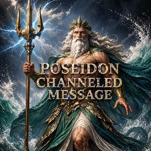May include: Digital art of Poseidon, the Greek god of the sea, holding a golden trident. The image features the text "POSEIDON CHANNELED MESSAGE" in gold lettering, with a stormy sea and lightning in the background.