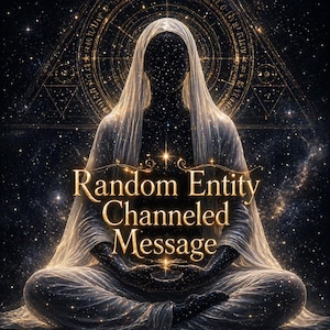 May include: Digital art featuring a figure in a meditative pose, cloaked in flowing white fabric, against a starry cosmic background. The text "Random Entity Channeled Message" is displayed in gold script, suggesting a spiritual or mystical theme.