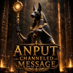 May include: A black and gold figure with a jackal head, wearing traditional Egyptian-style attire and holding a glowing staff. The text ANPUT CHANNELED MESSAGE is displayed in gold lettering at the bottom, centered below an ankh symbol.