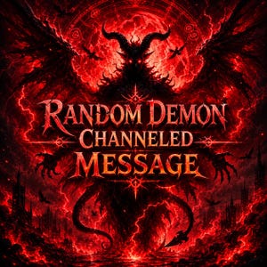 Könnte beinhalten: Eine digitale Illustration in Rot- und Schwarztönen, die eine dämonische Figur mit Hörnern und Flügeln zeigt. Das Bild enthält Blitzeffekte und den Text "Random Demon Channeled Message" vor einem feurigen Hintergrund.