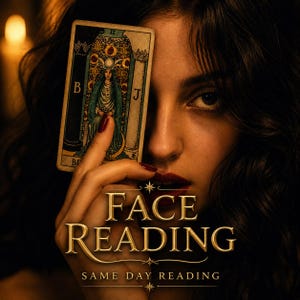 May include: A woman holds a tarot card in front of her face, with the words "FACE READING" and "SAME DAY READING" in gold script. The tarot card features an illustration of a robed figure. The woman has dark hair and red lipstick.