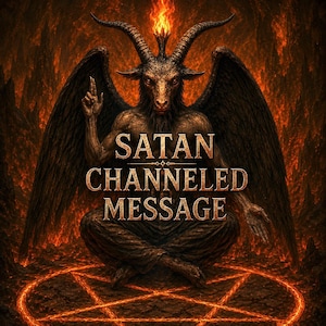 Könnte beinhalten: Digitales Kunstwerk mit einer gehörnten, geflügelten Figur mit dem Text "SATAN CHANNELED MESSAGE". Die Figur sitzt in einem Pentagramm, mit einem feurigen Hintergrund.