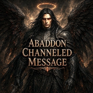 Puede incluir: Una figura de cabello oscuro con ojos rojos y grandes alas negras viste una armadura negra ornamentada y un halo brillante. El texto ABADDON CHANNELED MESSAGE está centrado en letras doradas sobre el fondo oscuro y ardiente de la imagen.