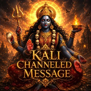 Pode incluir: Ilustração digital da deusa hindu Kali, com pele azul, múltiplos braços e uma coroa. Ela segura um tridente, uma tigela de fogo e uma concha. A imagem inclui o texto "KALI CHANNELED MESSAGE" em letras douradas, contra um fundo flamejante.