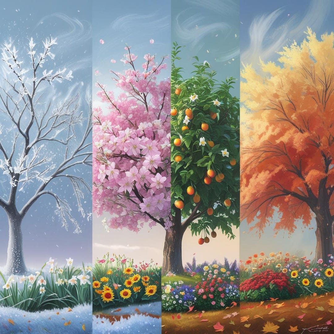 Photo of Tree and Four Seasons of the Year Winter, Summer, Autumn and ...