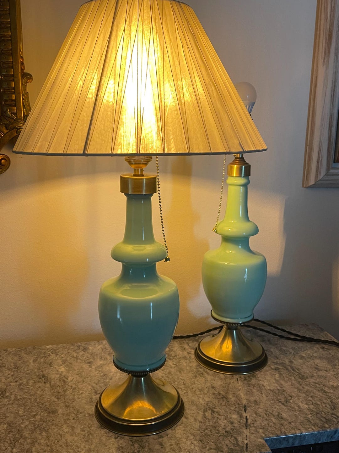 Pair of IVIMA Green Opaline Glass Lamps - Hand Polished Brass & Pull ...