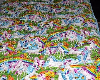Handmade Unicorn Quilt: Rainbows, Flowers, Butterflies – Cotton Lap Throw (42" x 60")