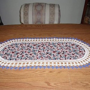 Handmade Patriotic Flags Stars Oval Table Runner – Cotton Crochet Lace Trim
