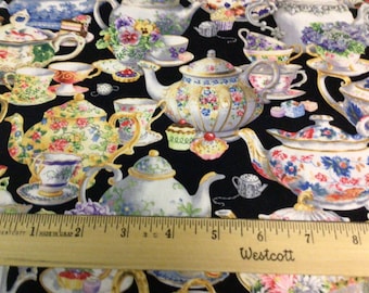 Tea Party Teapots Teacups Kettles Cups Mugs Desserts Fancy Tea Black Cotton Fabric Print by the Yard from Elizabeth Studio (34000BLACK)