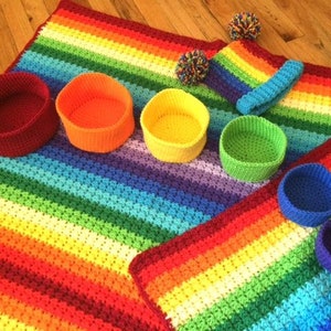 Primary Rainbow Blankets Hat and Baskets Set - PATTERNS - You Get All Three Patterns in US and UK Terms