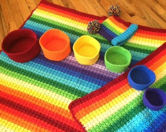 Primary Rainbow Blankets Hat and Baskets Set - PATTERNS - You Get All Three Patterns in US and UK Terms