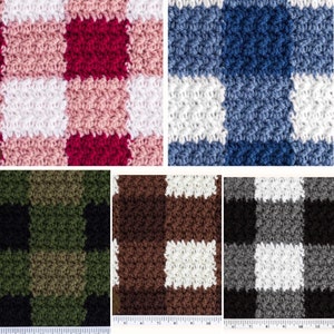 May include: Six different color variations of a crocheted gingham blanket. The blankets are made with a textured stitch and feature a checkerboard pattern in various colors, including red, pink, white, blue, green, brown, black, and gray.