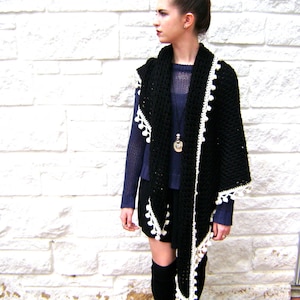 Midnight Granny Shawl with Pom Pom Fringe Crochet Pattern - Easy Pattern