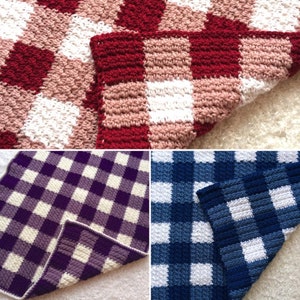May include: Four crocheted blankets in different color combinations. The blankets are made with a checkered pattern in red, pink, white, purple, blue, and cream.