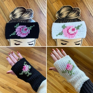 Patrón de crochet con diadema y guantes sin dedos en punto de cruz: toneladas de fotos tutoriales