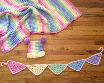 Pastel Rainbow Blanket Hat and Bunting Set - PATTERNS - You Get All Three Patterns in US terms with UK Abbreviations