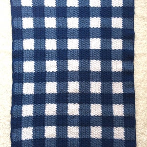 May include: A blue and white crocheted blanket with a gingham pattern.