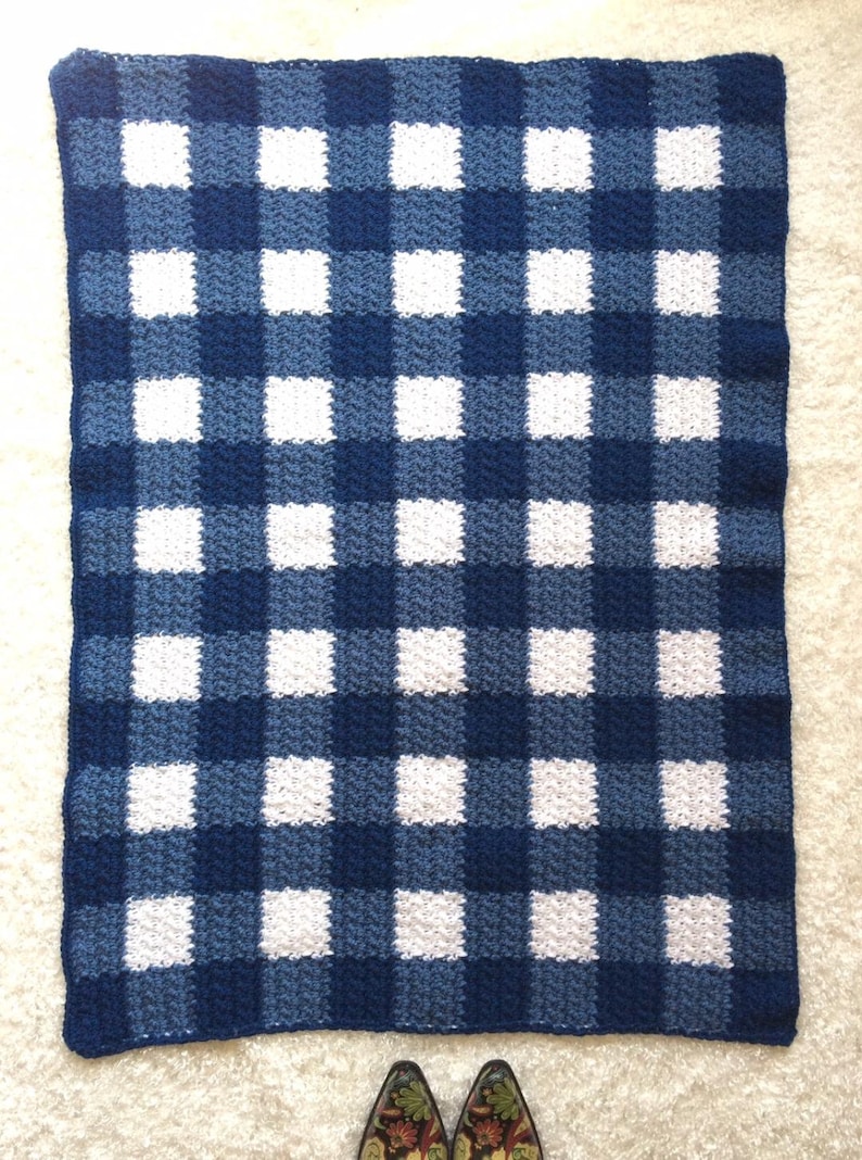 May include: A blue and white crocheted blanket with a gingham pattern.
